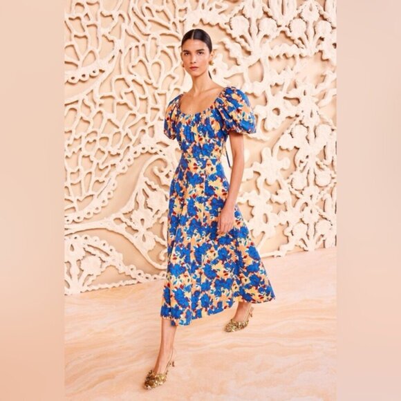 NEW Ulla Johnson Imara Blue Floral Cotton Short Sleeve Midi Dress | size 2 - Picture 4 of 16